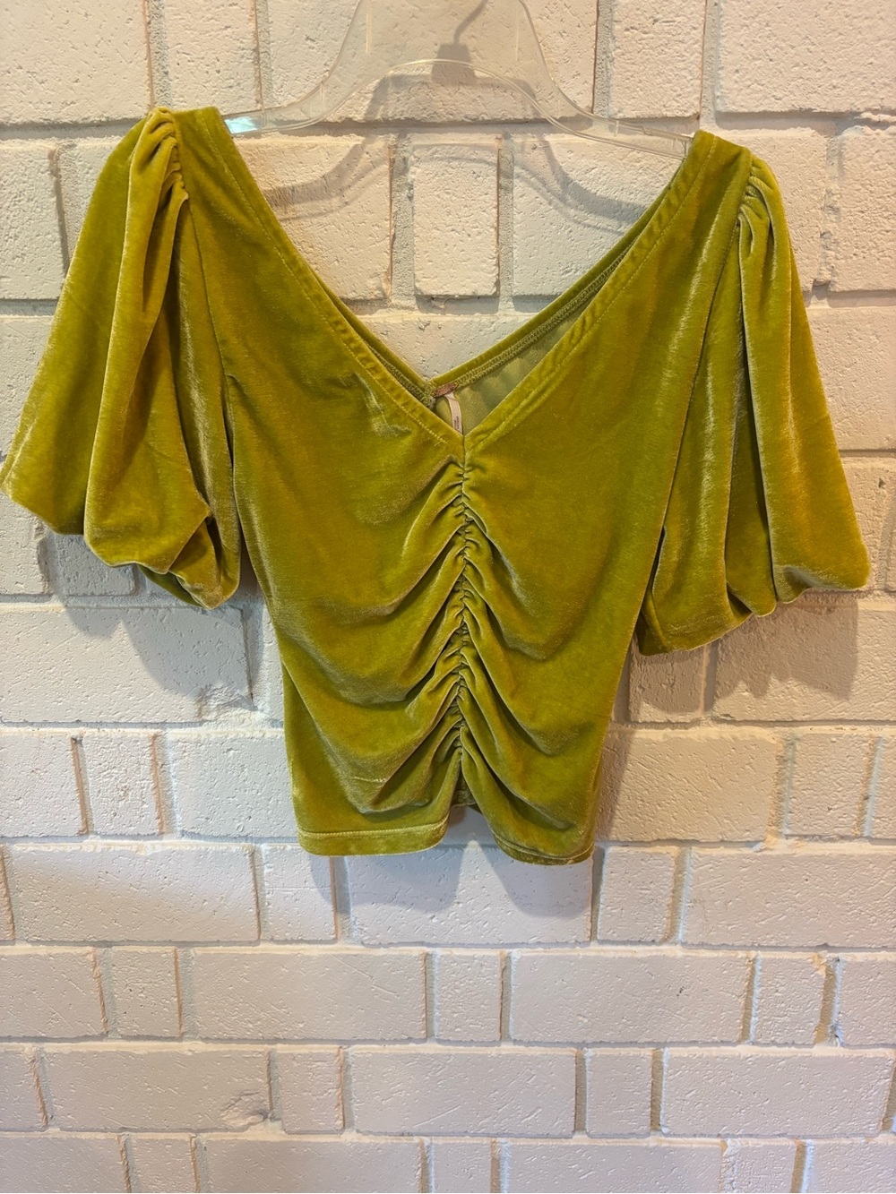 Free People Ruched Velvet V-Neck Puff Sleeve Top - Chartreuse